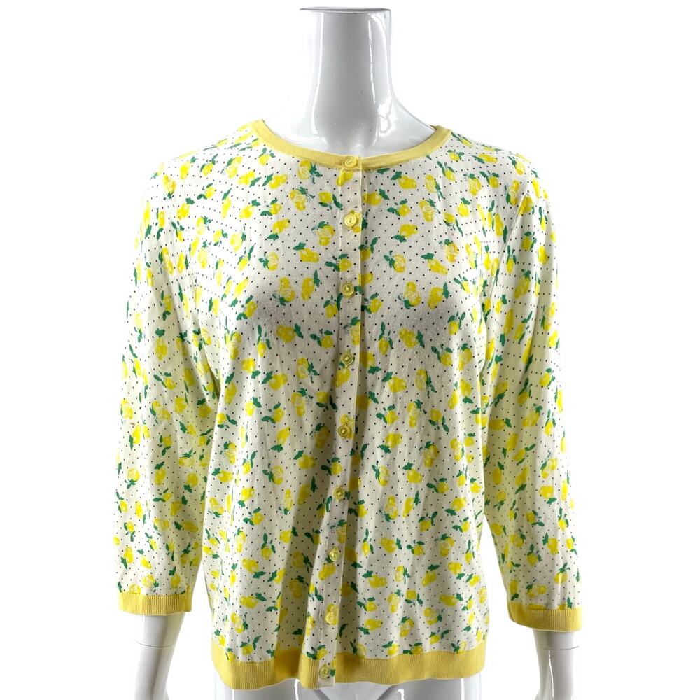 Talbots Womens Cardigan Sweater Sz XL Petite Lemon Yellow White Green 3/4 Sleeve